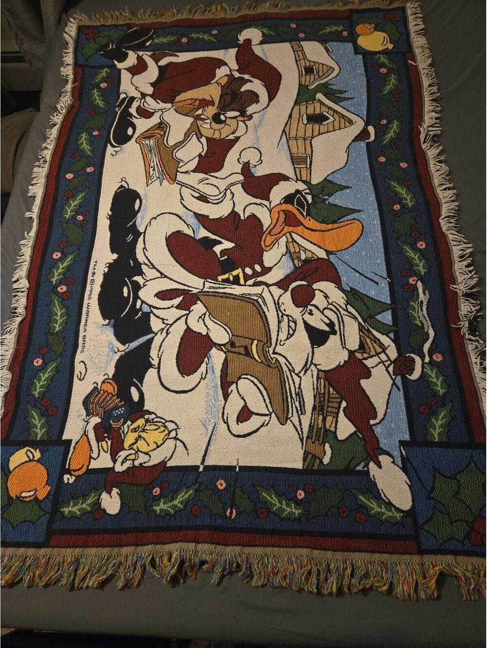 Vintage 1996 Warner Bros. Christmas Tapestry Blanket Sylvester & Looney Tunes - Picture 3 of 8